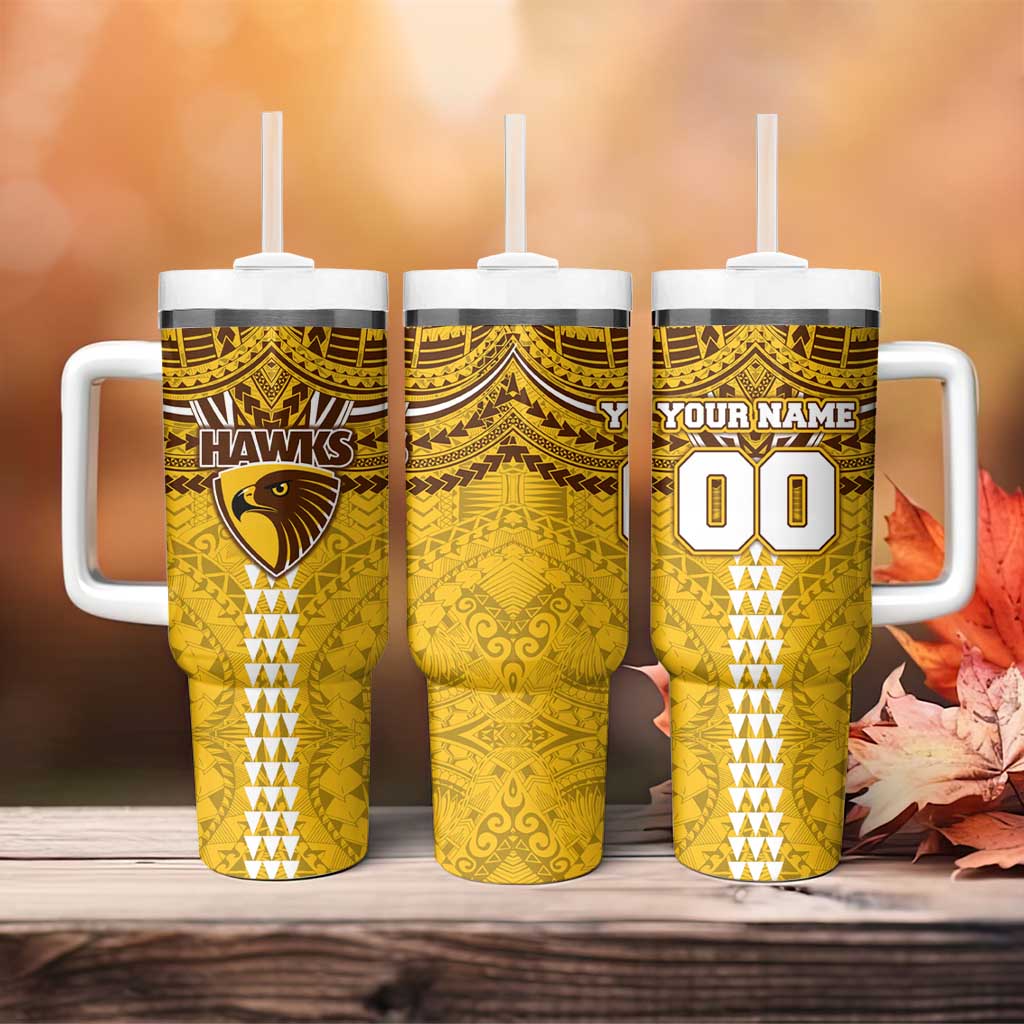 Personalized Hawthorn Hawks Tumbler With Handle Polynesian Tribal Pattern Heritage Football