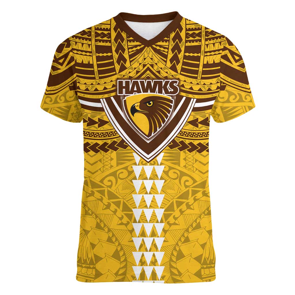 Personalized Hawthorn Hawks Women V-Neck T-Shirt Polynesian Tribal Pattern Heritage Football