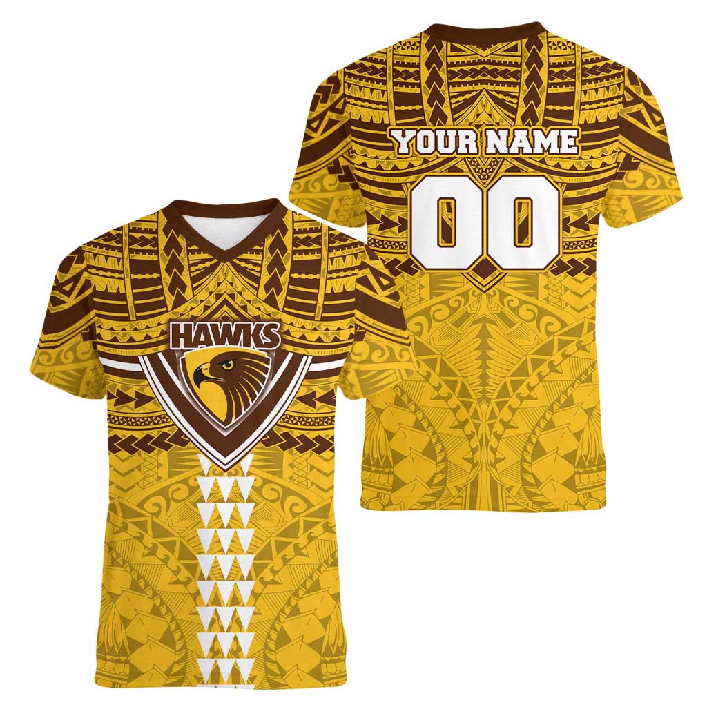 Personalized Hawthorn Hawks Women V-Neck T-Shirt Polynesian Tribal Pattern Heritage Football