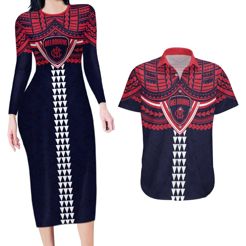 Personalized Melbourne Demons Couples Matching Long Sleeve Bodycon Dress and Hawaiian Shirt Polynesian Tribal Pattern Heritage Football