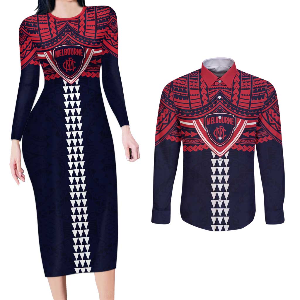 Personalized Melbourne Demons Couples Matching Long Sleeve Bodycon Dress and Long Sleeve Button Shirt Polynesian Tribal Pattern Heritage Football
