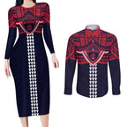 Personalized Melbourne Demons Couples Matching Long Sleeve Bodycon Dress and Long Sleeve Button Shirt Polynesian Tribal Pattern Heritage Football