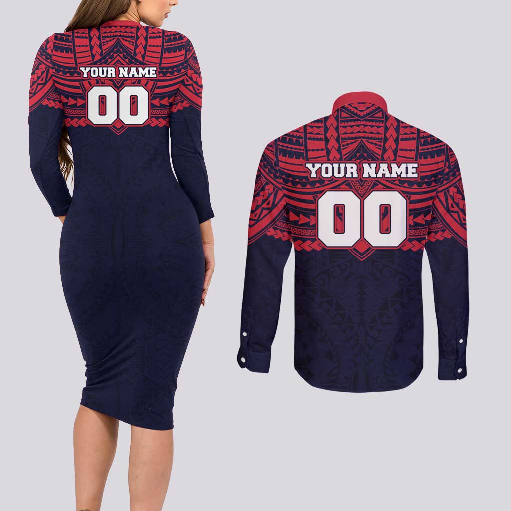 Personalized Melbourne Demons Couples Matching Long Sleeve Bodycon Dress and Long Sleeve Button Shirt Polynesian Tribal Pattern Heritage Football