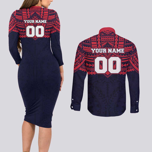 Personalized Melbourne Demons Couples Matching Long Sleeve Bodycon Dress and Long Sleeve Button Shirt Polynesian Tribal Pattern Heritage Football