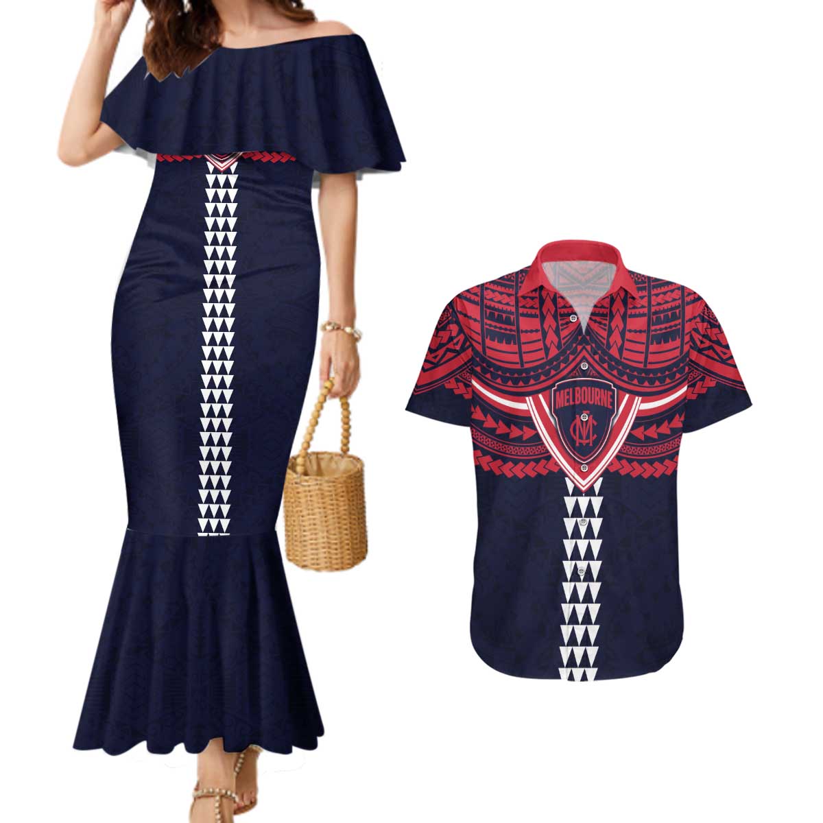 Personalized Melbourne Demons Couples Matching Mermaid Dress and Hawaiian Shirt Polynesian Tribal Pattern Heritage Football