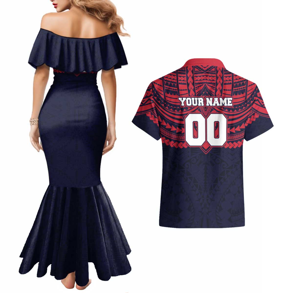 Personalized Melbourne Demons Couples Matching Mermaid Dress and Hawaiian Shirt Polynesian Tribal Pattern Heritage Football