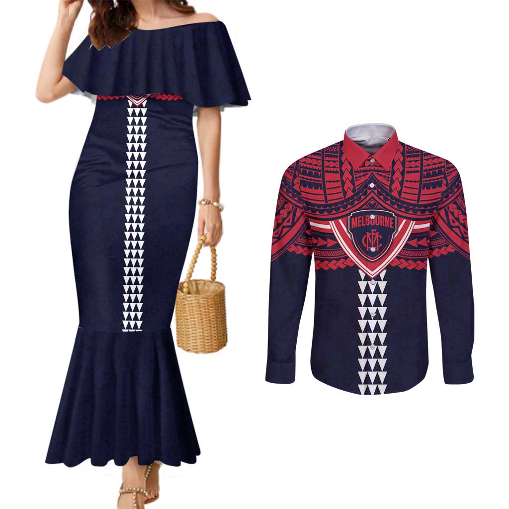 Personalized Melbourne Demons Couples Matching Mermaid Dress and Long Sleeve Button Shirt Polynesian Tribal Pattern Heritage Football