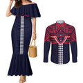 Personalized Melbourne Demons Couples Matching Mermaid Dress and Long Sleeve Button Shirt Polynesian Tribal Pattern Heritage Football