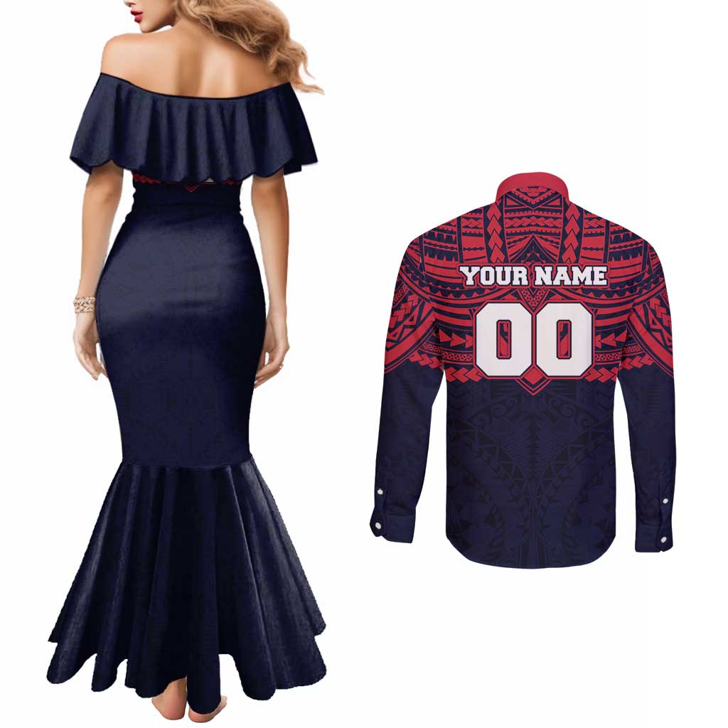 Personalized Melbourne Demons Couples Matching Mermaid Dress and Long Sleeve Button Shirt Polynesian Tribal Pattern Heritage Football