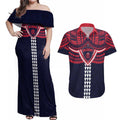 Personalized Melbourne Demons Couples Matching Off Shoulder Maxi Dress and Hawaiian Shirt Polynesian Tribal Pattern Heritage Football