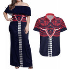 Personalized Melbourne Demons Couples Matching Off Shoulder Maxi Dress and Hawaiian Shirt Polynesian Tribal Pattern Heritage Football