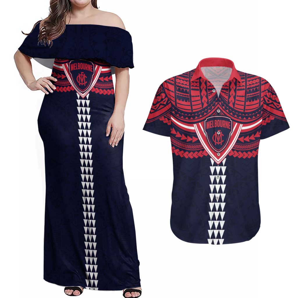 Personalized Melbourne Demons Couples Matching Off Shoulder Maxi Dress and Hawaiian Shirt Polynesian Tribal Pattern Heritage Football