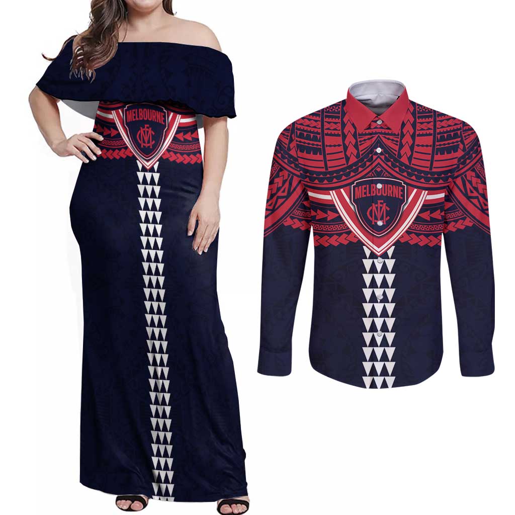 Personalized Melbourne Demons Couples Matching Off Shoulder Maxi Dress and Long Sleeve Button Shirt Polynesian Tribal Pattern Heritage Football