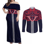 Personalized Melbourne Demons Couples Matching Off Shoulder Maxi Dress and Long Sleeve Button Shirt Polynesian Tribal Pattern Heritage Football