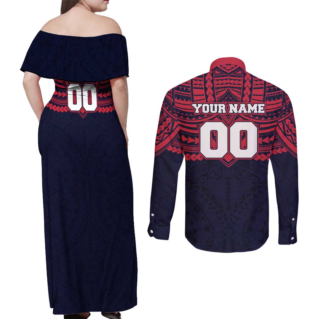Personalized Melbourne Demons Couples Matching Off Shoulder Maxi Dress and Long Sleeve Button Shirt Polynesian Tribal Pattern Heritage Football