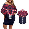 Personalized Melbourne Demons Couples Matching Off Shoulder Short Dress and Hawaiian Shirt Polynesian Tribal Pattern Heritage Football