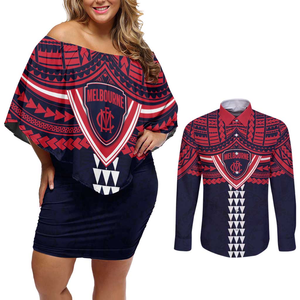 Personalized Melbourne Demons Couples Matching Off Shoulder Short Dress and Long Sleeve Button Shirt Polynesian Tribal Pattern Heritage Football