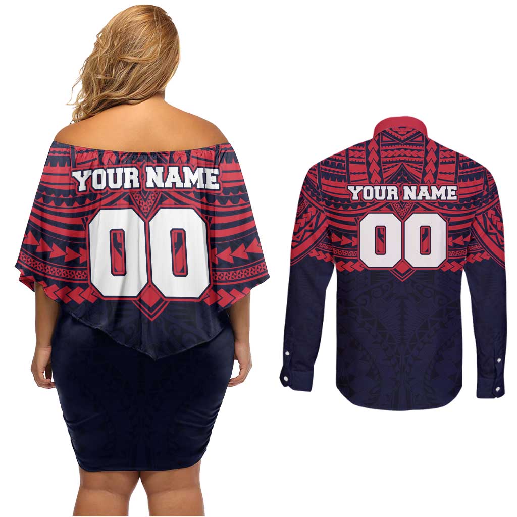 Personalized Melbourne Demons Couples Matching Off Shoulder Short Dress and Long Sleeve Button Shirt Polynesian Tribal Pattern Heritage Football