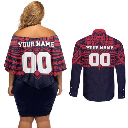 Personalized Melbourne Demons Couples Matching Off Shoulder Short Dress and Long Sleeve Button Shirt Polynesian Tribal Pattern Heritage Football