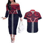 Personalized Melbourne Demons Couples Matching Off The Shoulder Long Sleeve Dress and Hawaiian Shirt Polynesian Tribal Pattern Heritage Football