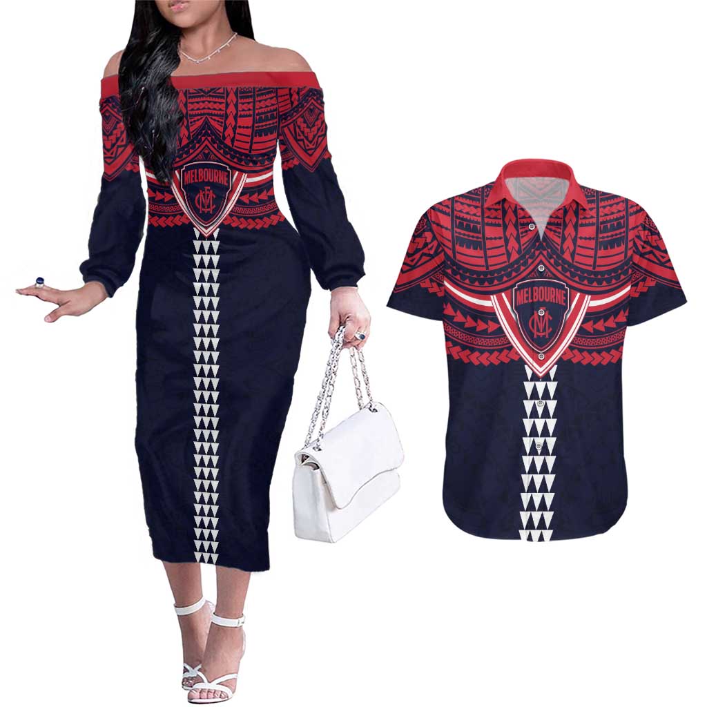 Personalized Melbourne Demons Couples Matching Off The Shoulder Long Sleeve Dress and Hawaiian Shirt Polynesian Tribal Pattern Heritage Football
