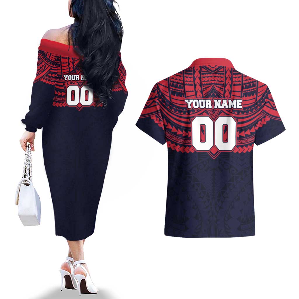 Personalized Melbourne Demons Couples Matching Off The Shoulder Long Sleeve Dress and Hawaiian Shirt Polynesian Tribal Pattern Heritage Football