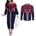 Personalized Melbourne Demons Couples Matching Off The Shoulder Long Sleeve Dress and Long Sleeve Button Shirt Polynesian Tribal Pattern Heritage Football