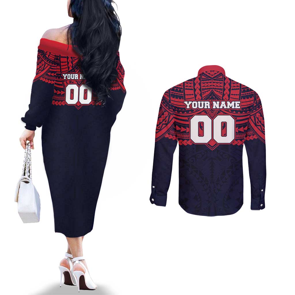 Personalized Melbourne Demons Couples Matching Off The Shoulder Long Sleeve Dress and Long Sleeve Button Shirt Polynesian Tribal Pattern Heritage Football