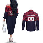 Personalized Melbourne Demons Couples Matching Off The Shoulder Long Sleeve Dress and Long Sleeve Button Shirt Polynesian Tribal Pattern Heritage Football