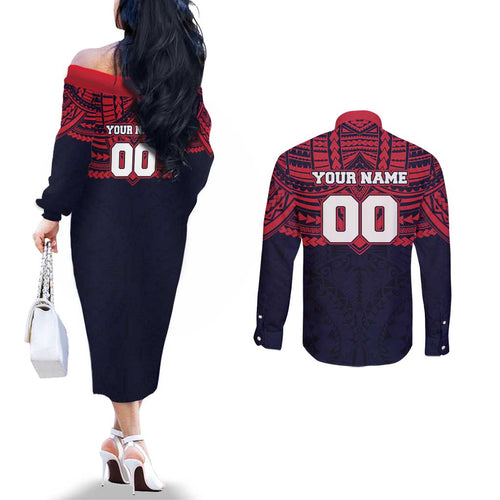 Personalized Melbourne Demons Couples Matching Off The Shoulder Long Sleeve Dress and Long Sleeve Button Shirt Polynesian Tribal Pattern Heritage Football
