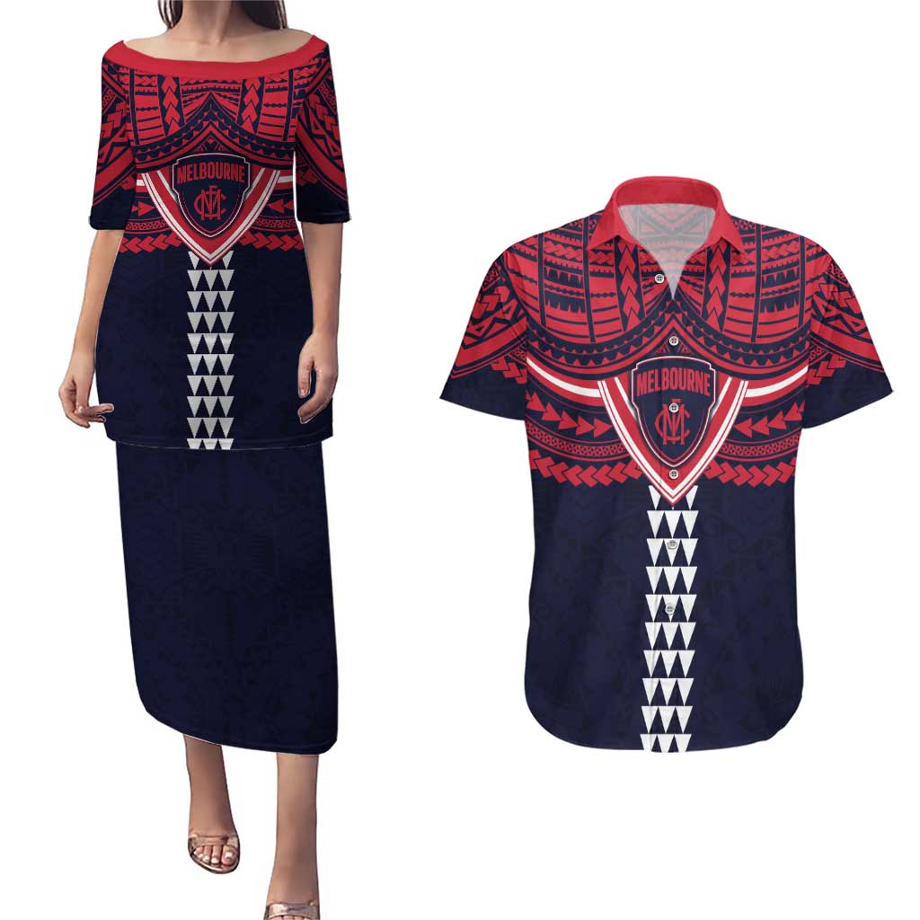 Personalized Melbourne Demons Couples Matching Puletasi and Hawaiian Shirt Polynesian Tribal Pattern Heritage Football