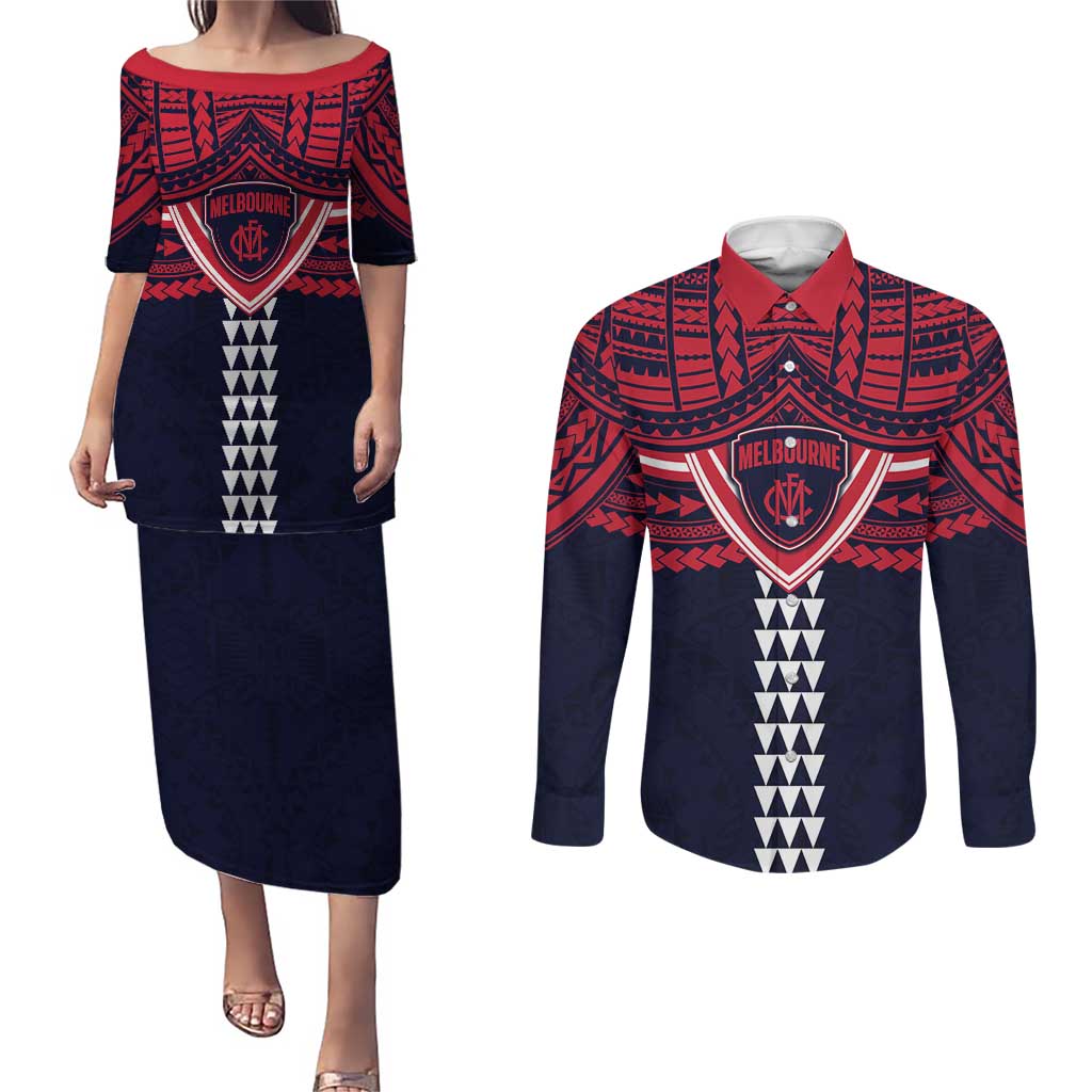 Personalized Melbourne Demons Couples Matching Puletasi and Long Sleeve Button Shirt Polynesian Tribal Pattern Heritage Football