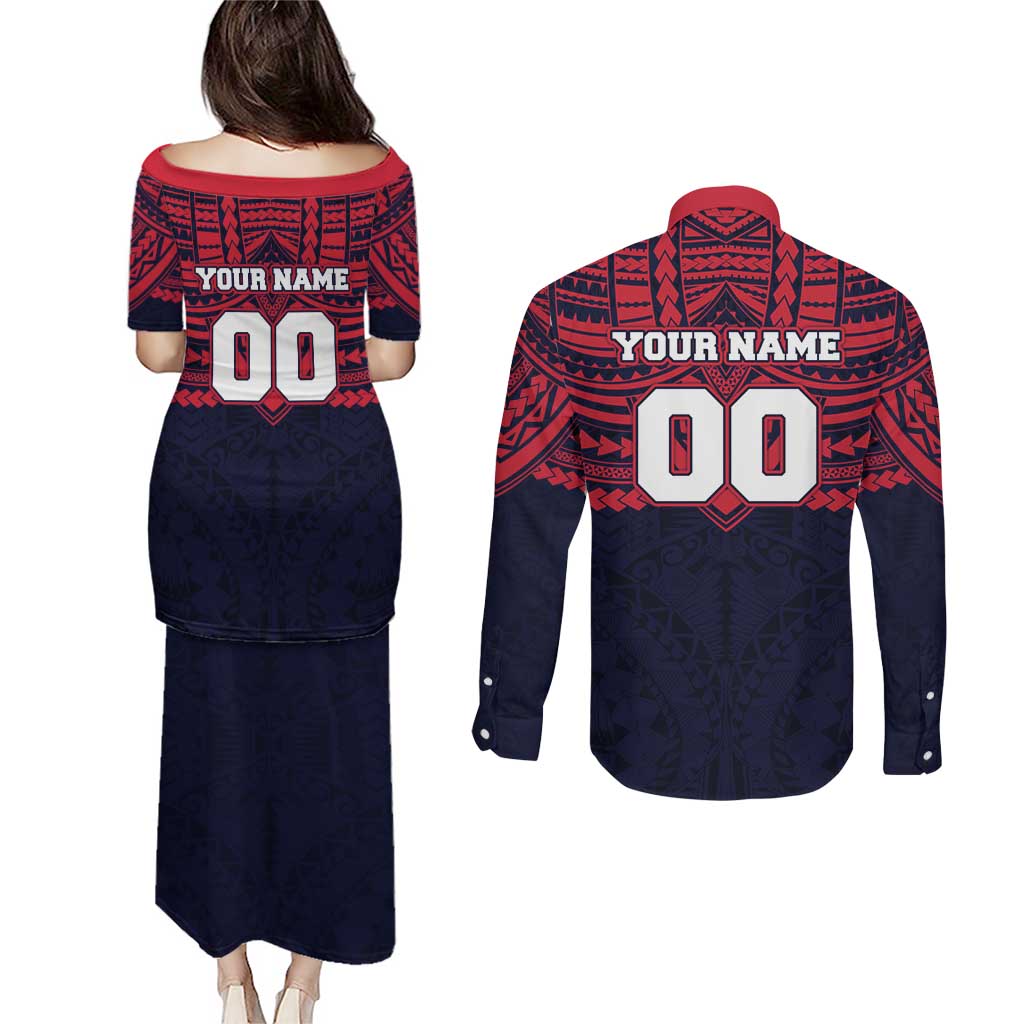 Personalized Melbourne Demons Couples Matching Puletasi and Long Sleeve Button Shirt Polynesian Tribal Pattern Heritage Football