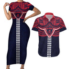 Personalized Melbourne Demons Couples Matching Short Sleeve Bodycon Dress and Hawaiian Shirt Polynesian Tribal Pattern Heritage Football