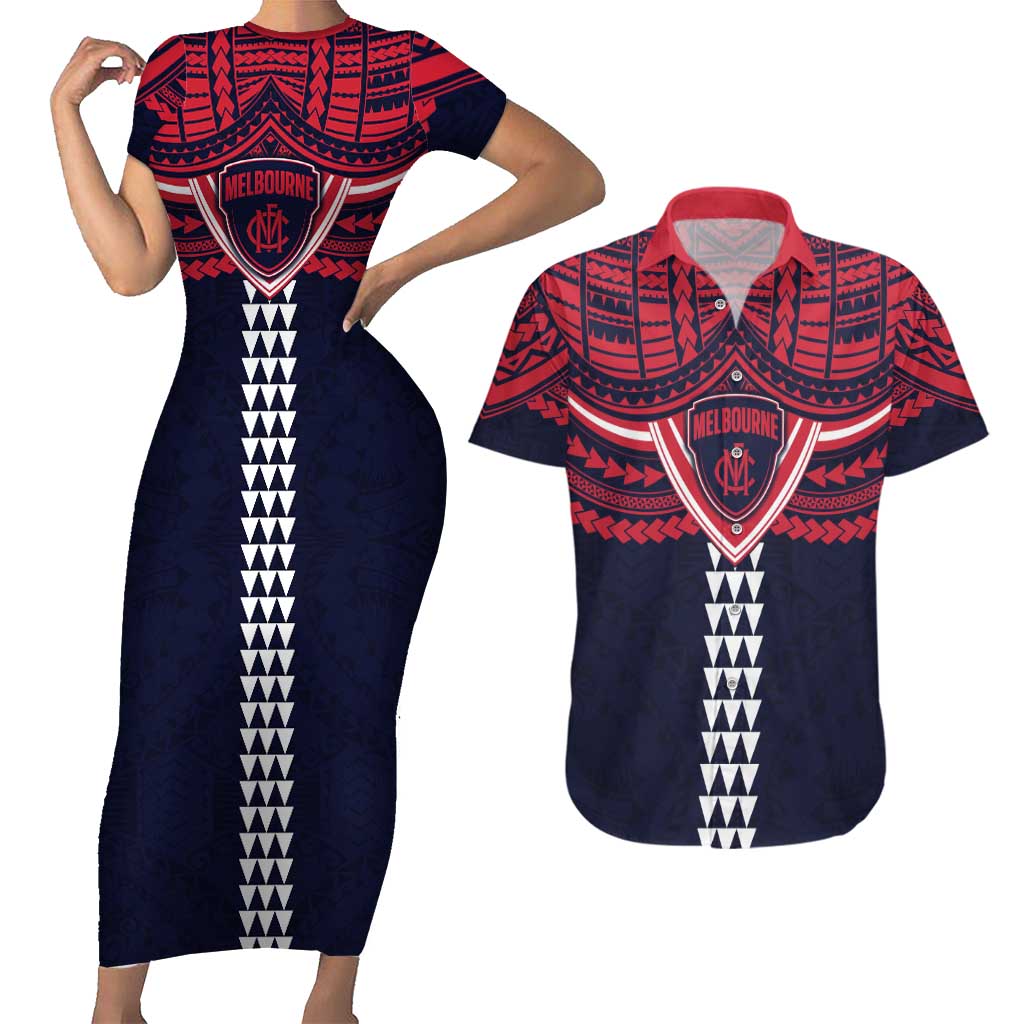 Personalized Melbourne Demons Couples Matching Short Sleeve Bodycon Dress and Hawaiian Shirt Polynesian Tribal Pattern Heritage Football