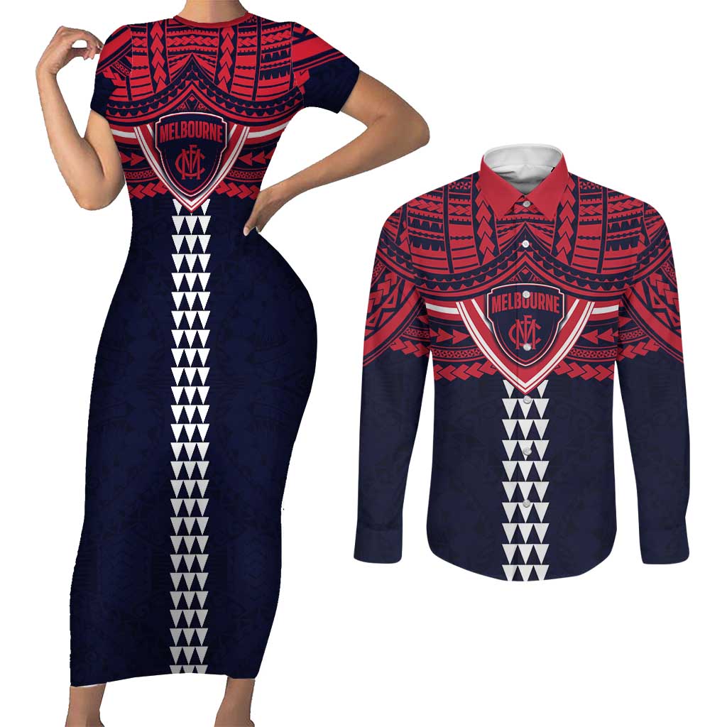 Personalized Melbourne Demons Couples Matching Short Sleeve Bodycon Dress and Long Sleeve Button Shirt Polynesian Tribal Pattern Heritage Football