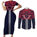 Personalized Melbourne Demons Couples Matching Short Sleeve Bodycon Dress and Long Sleeve Button Shirt Polynesian Tribal Pattern Heritage Football