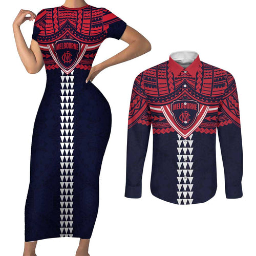 Personalized Melbourne Demons Couples Matching Short Sleeve Bodycon Dress and Long Sleeve Button Shirt Polynesian Tribal Pattern Heritage Football