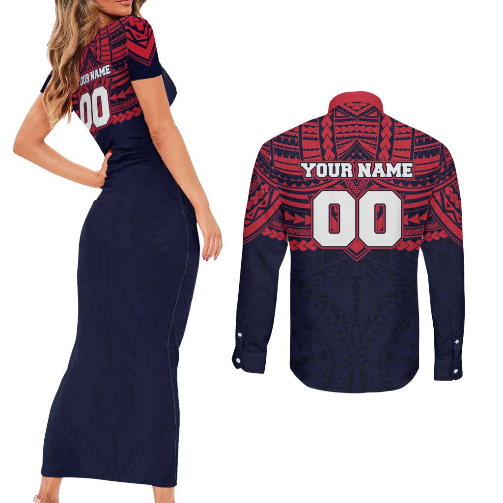Personalized Melbourne Demons Couples Matching Short Sleeve Bodycon Dress and Long Sleeve Button Shirt Polynesian Tribal Pattern Heritage Football
