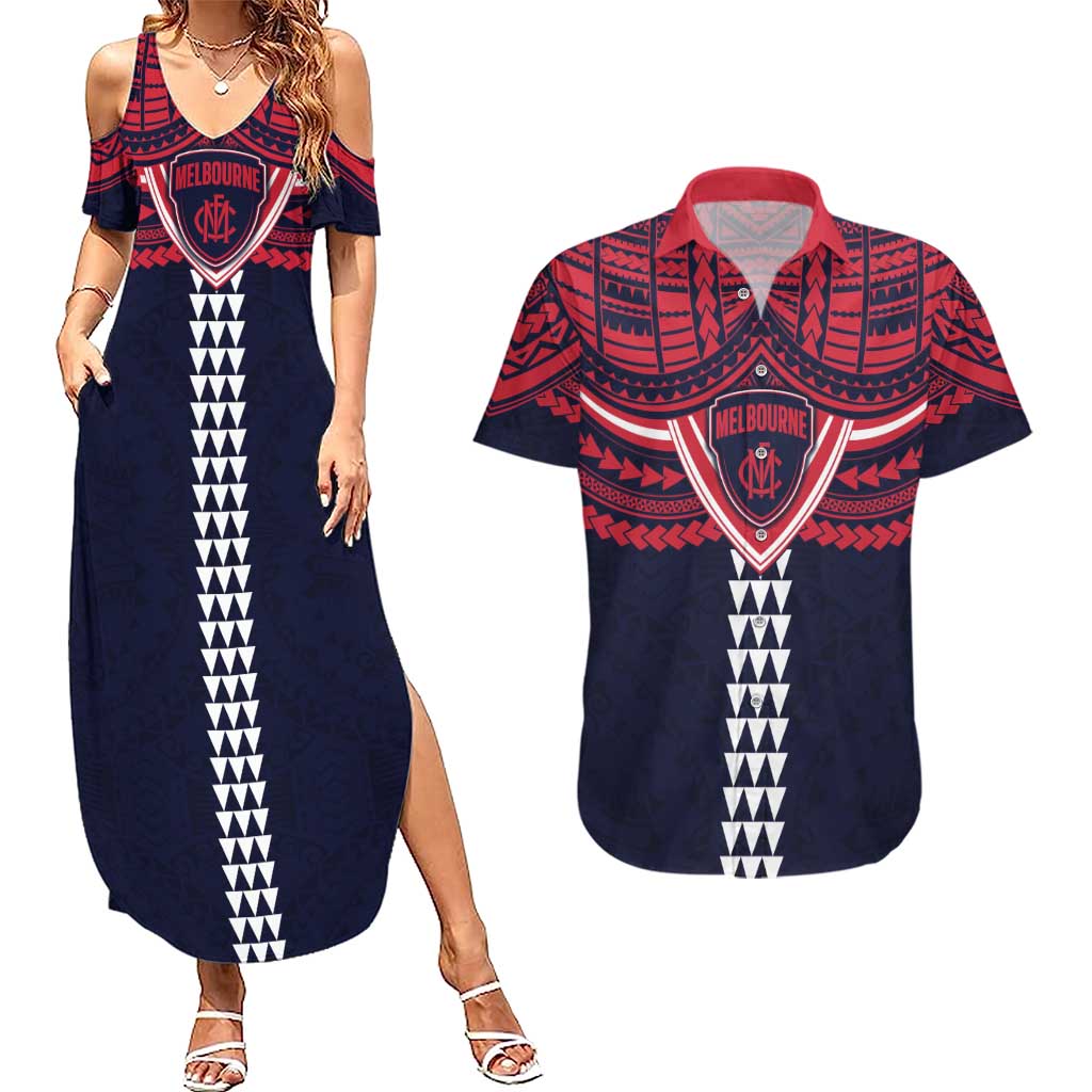 Personalized Melbourne Demons Couples Matching Summer Maxi Dress and Hawaiian Shirt Polynesian Tribal Pattern Heritage Football