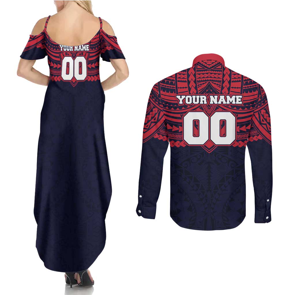 Personalized Melbourne Demons Couples Matching Summer Maxi Dress and Long Sleeve Button Shirt Polynesian Tribal Pattern Heritage Football
