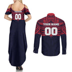 Personalized Melbourne Demons Couples Matching Summer Maxi Dress and Long Sleeve Button Shirt Polynesian Tribal Pattern Heritage Football