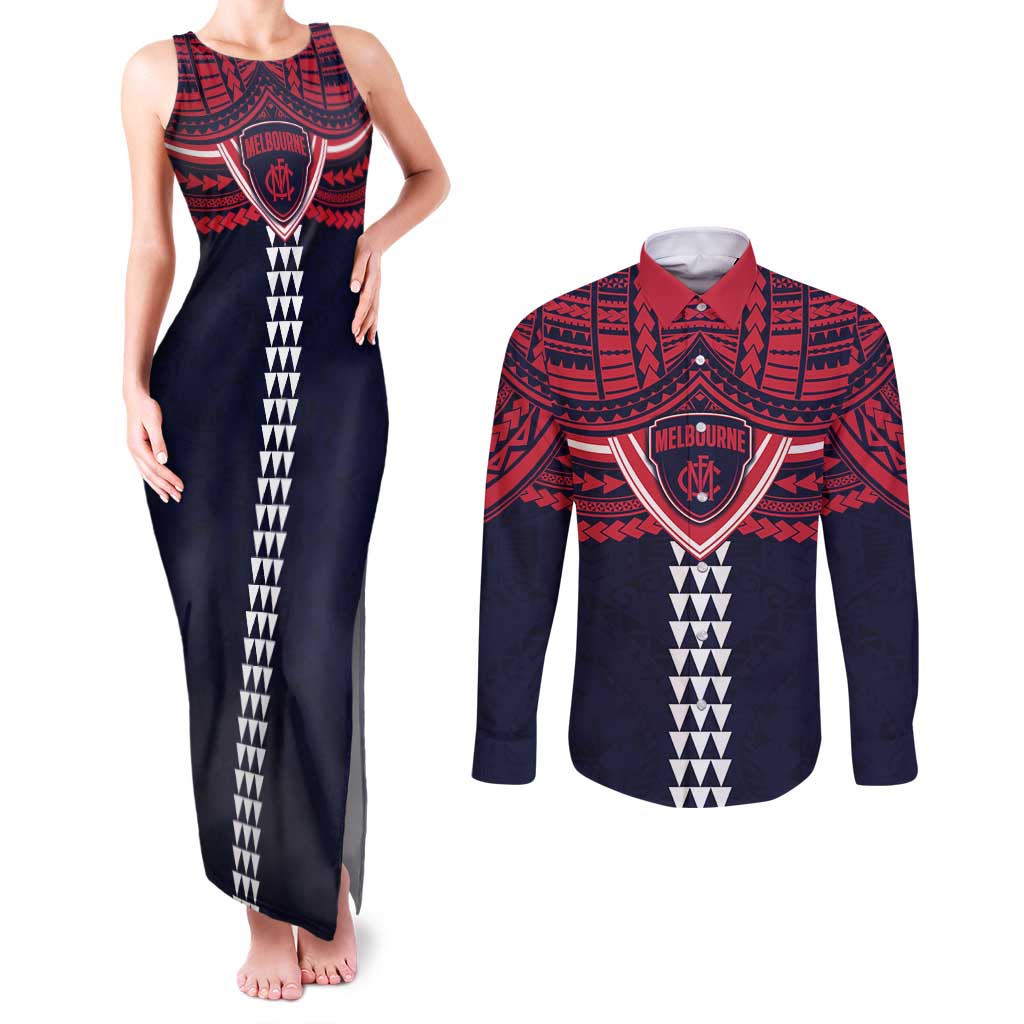 Personalized Melbourne Demons Couples Matching Tank Maxi Dress and Long Sleeve Button Shirt Polynesian Tribal Pattern Heritage Football
