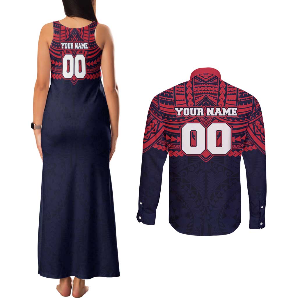 Personalized Melbourne Demons Couples Matching Tank Maxi Dress and Long Sleeve Button Shirt Polynesian Tribal Pattern Heritage Football