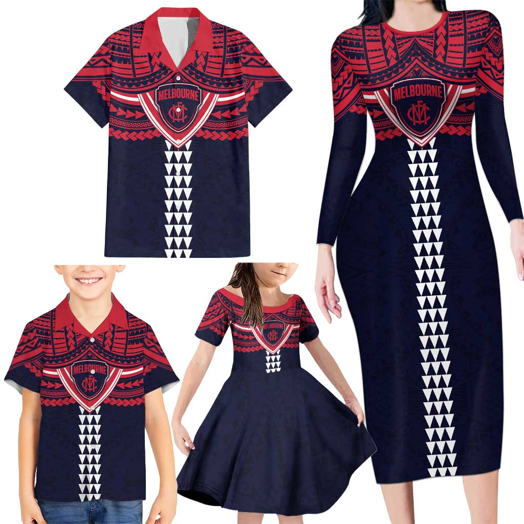 Personalized Melbourne Demons Family Matching Long Sleeve Bodycon Dress and Hawaiian Shirt Polynesian Tribal Pattern Heritage Football