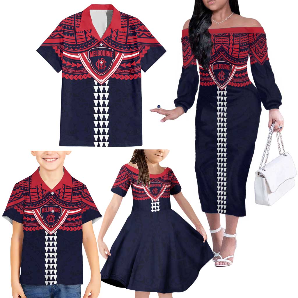 Personalized Melbourne Demons Family Matching Off The Shoulder Long Sleeve Dress and Hawaiian Shirt Polynesian Tribal Pattern Heritage Football