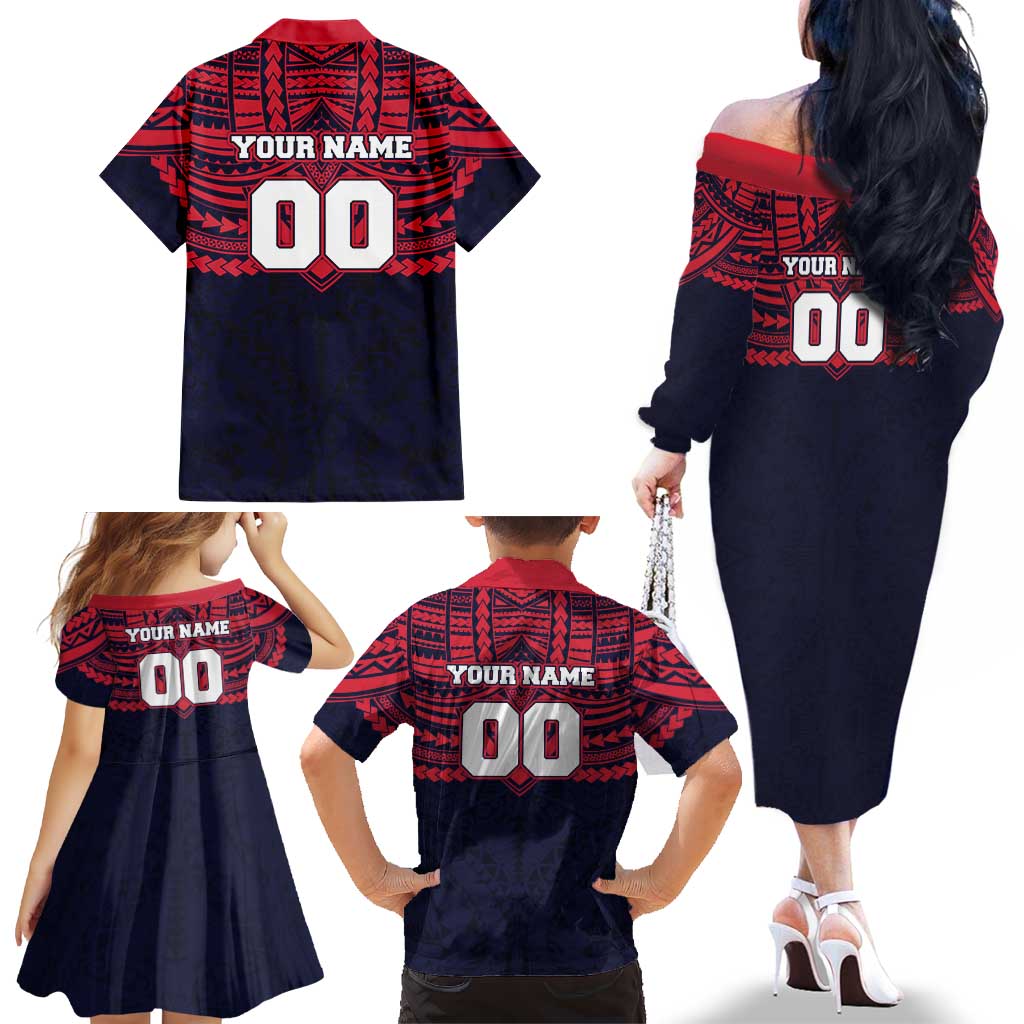 Personalized Melbourne Demons Family Matching Off The Shoulder Long Sleeve Dress and Hawaiian Shirt Polynesian Tribal Pattern Heritage Football
