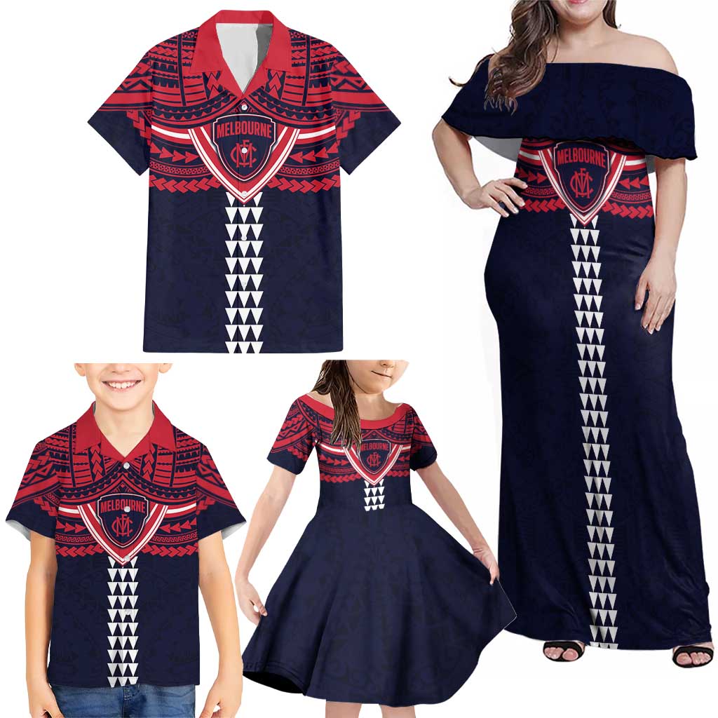 Personalized Melbourne Demons Family Matching Off Shoulder Maxi Dress and Hawaiian Shirt Polynesian Tribal Pattern Heritage Football