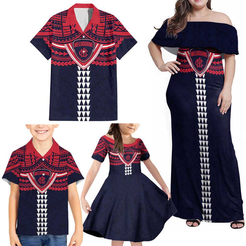 Personalized Melbourne Demons Family Matching Off Shoulder Maxi Dress and Hawaiian Shirt Polynesian Tribal Pattern Heritage Football