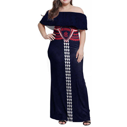 Personalized Melbourne Demons Family Matching Off Shoulder Maxi Dress and Hawaiian Shirt Polynesian Tribal Pattern Heritage Football